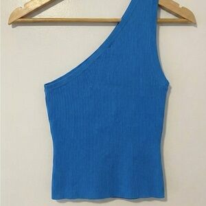 (NWT) Free People Good Taste One Shoulder Rib Crop Top Blue Size Large